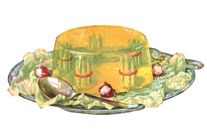 Illustration of old Jello platter with vegetable garnishes and spoon